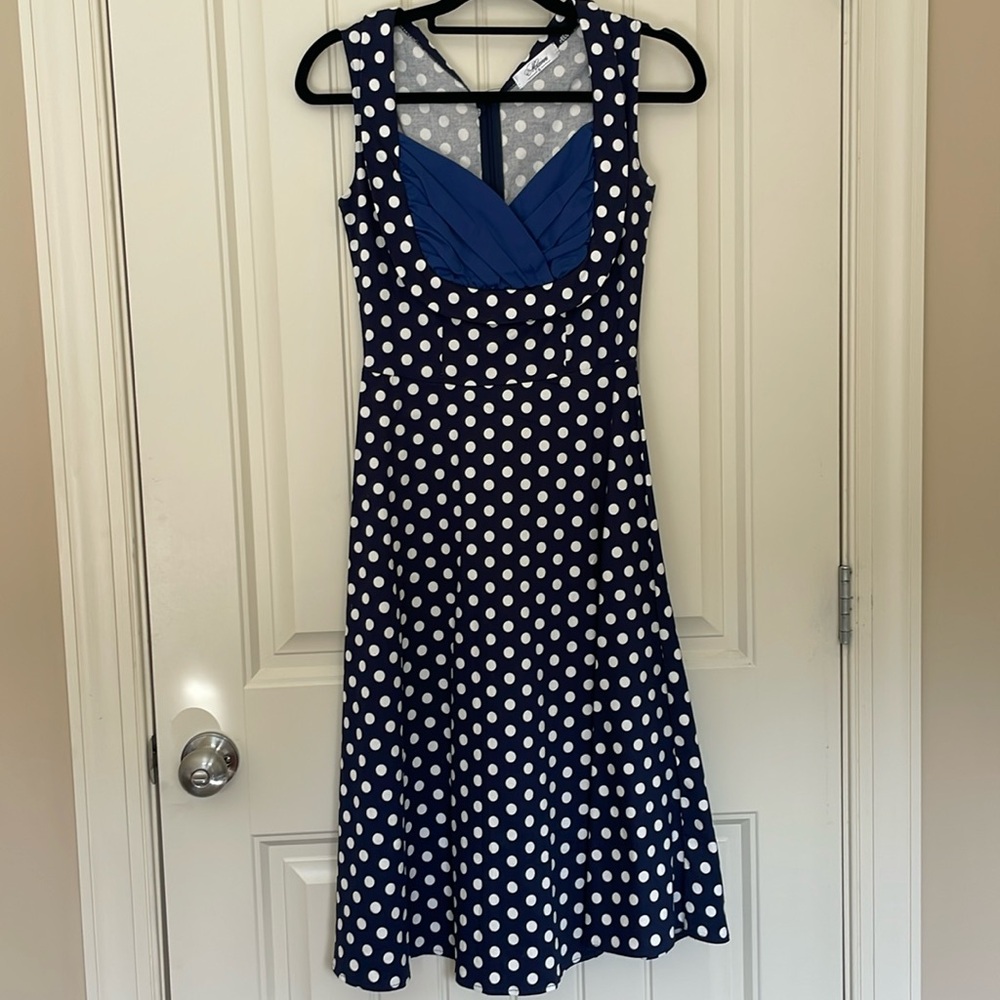 Blue White Polka Dot Retro Sleeveless Dress Size S, Vintage Swing Rockabilly 50s